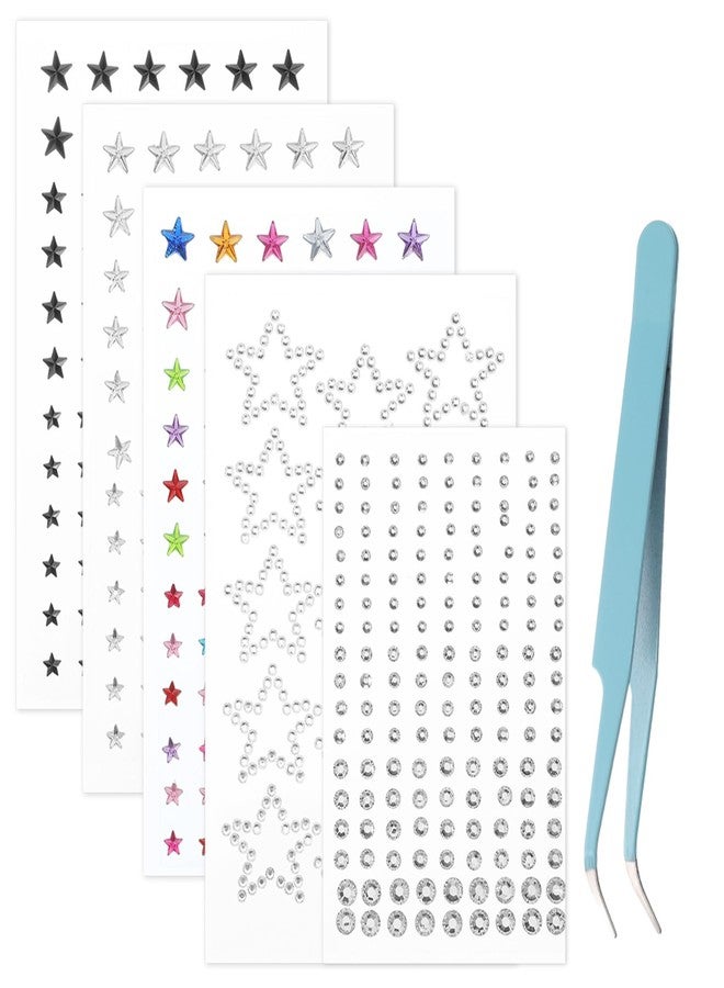 Zelphvt 5 Sheets Face Gems for Women Star Face Stickers Faces Stickers with 1 Blue Tweezers Makeup Gems for Eyes, Crafts, Princess Queen Cosplay Festival Party Makeup - Image 1